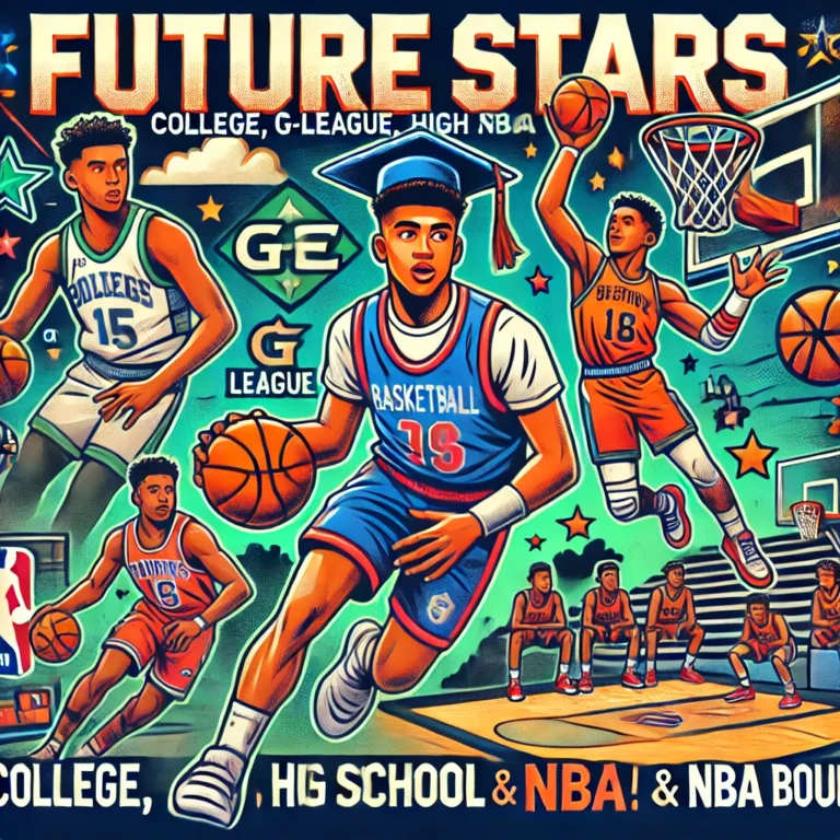 DALL·E 2024-11-29 10.17.05 - A colorful, cartoony thumbnail for a basketball blog focusing on college, G-League, high school players, their stats, awards, and potential future NBA